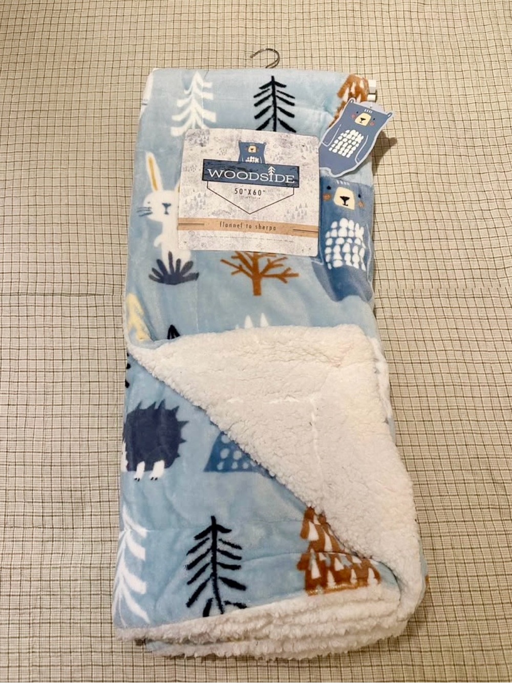 Woodside Blue Sherpa Throw Blanket with Woodland Animals